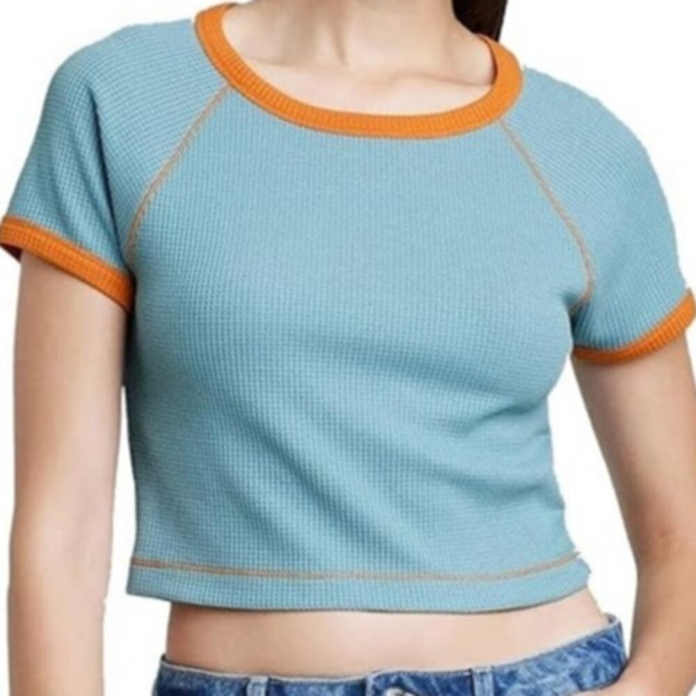 Wild Fable Waffle Knit Crop Top Crew Neck Raglan Sleeve Blue Orange XSmall